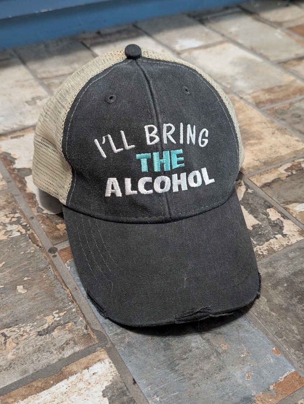 "I'll Bring The Alcohol" Distressed Mesh Trucker Hat Adjustable Snapback Adams